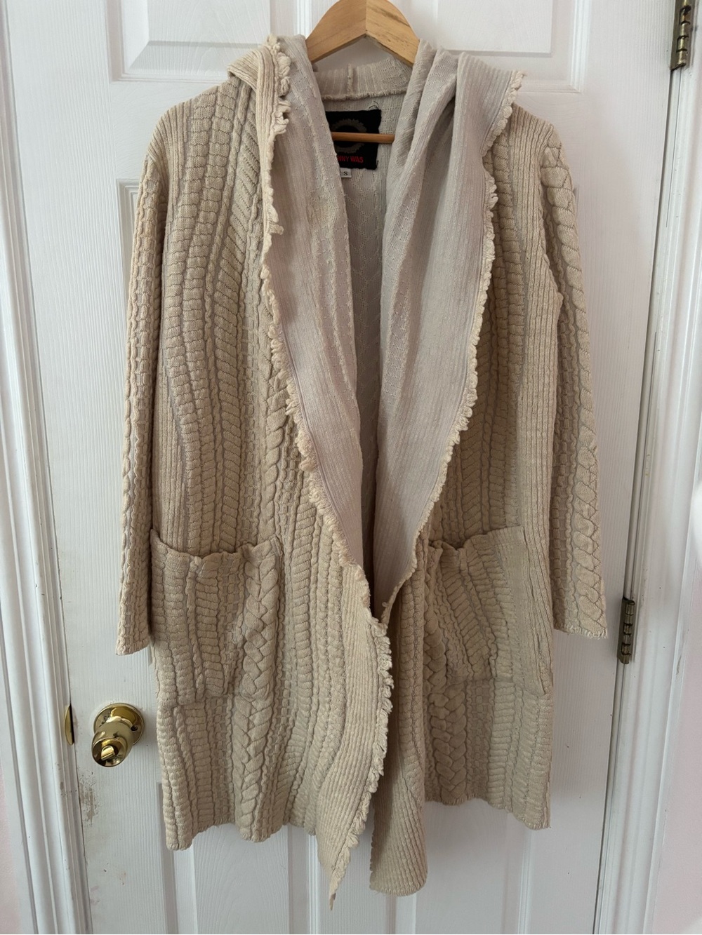 BIYA Johnny Was Wool Blend Cable Knit Hooded Duster Sweater Coat M